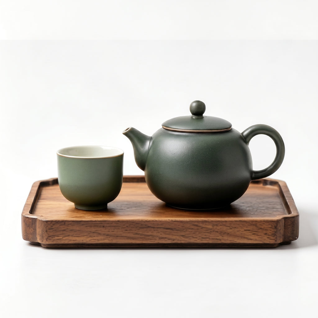 Matte Green Ceramic Teapot and Tea Cup Set