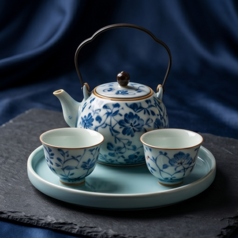 Blue and White Floral Porcelain Tea Set