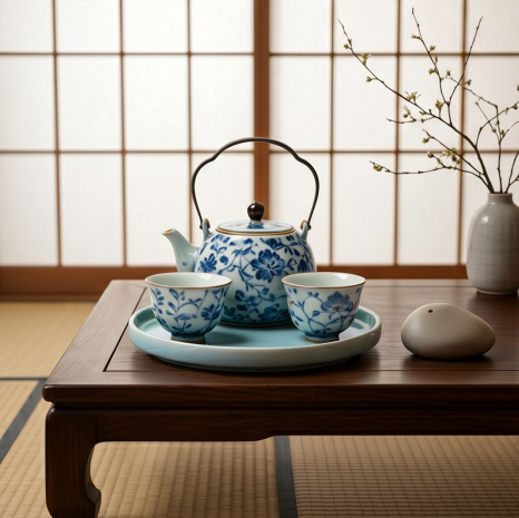 Blue and White Floral Porcelain Tea Set