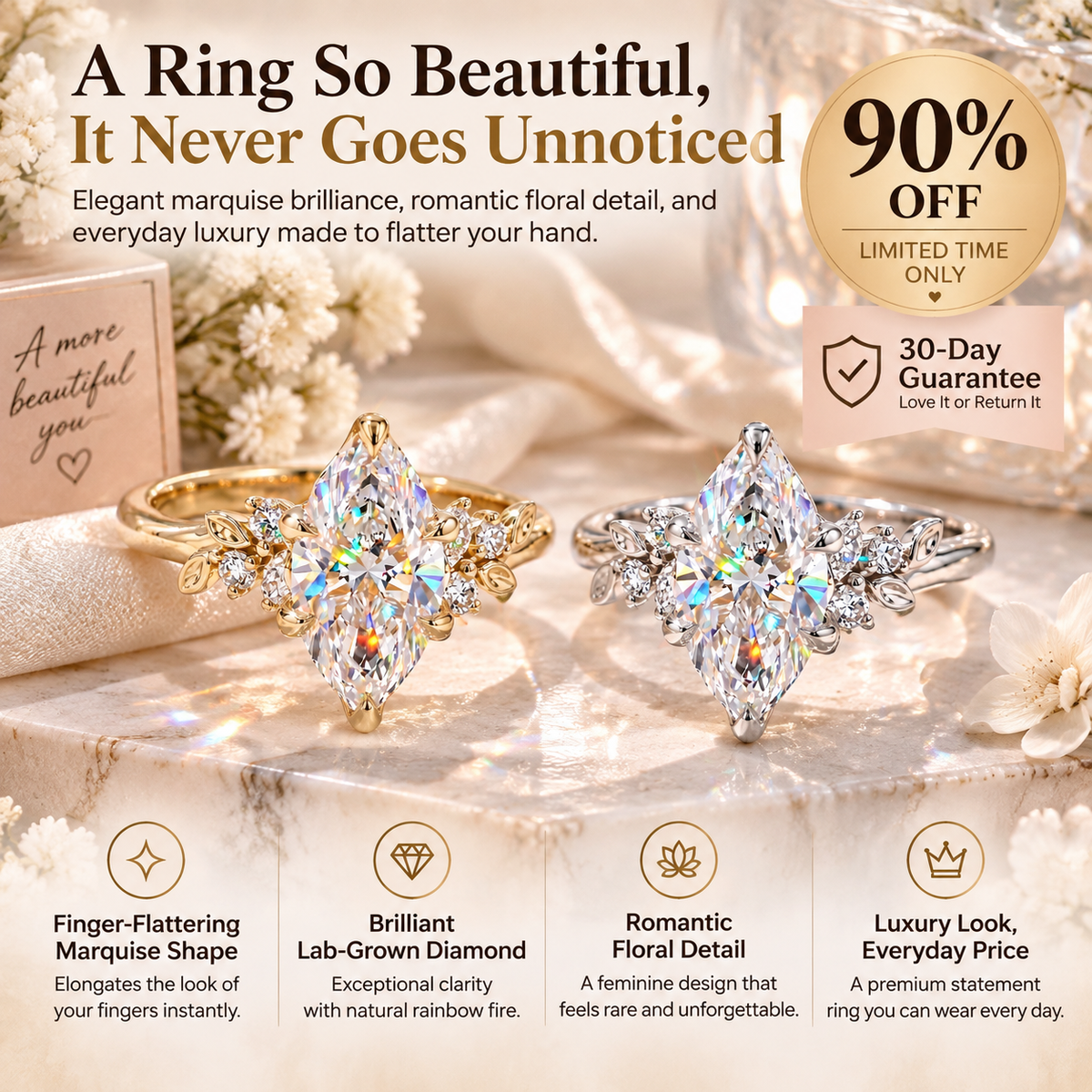 A Stunning Marquise Lab Diamond Ring Designed To Make Your Hands Look More Elegant — With Romantic Floral Details And Luxury Sparkle You'll Love Every Day-Last Day Sale-90% OFF🔥