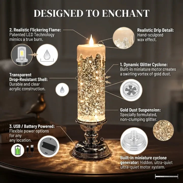 Magical Swirling Glitter LED Candle - Flameless Flickering Ambient Light with USB/Battery Power